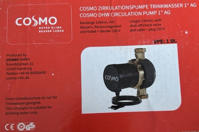 COSMO CPBA2 Trinkwasser Zirkulationspumpe 1" AG 139mm Baulänge