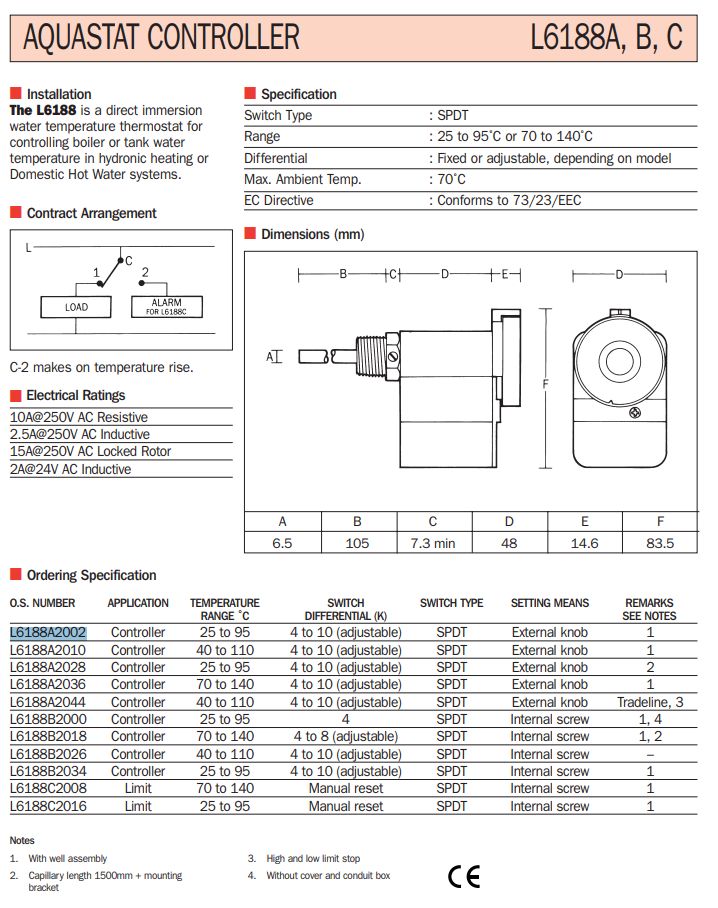Honeywell L6188A 2002 AQUASTAT