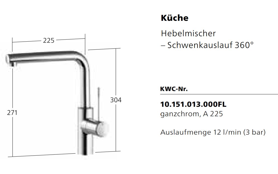 KWC ONO Küchenarmatur Hochdruck verchromt 10.151.013.000 Schwenkauslauf A225
