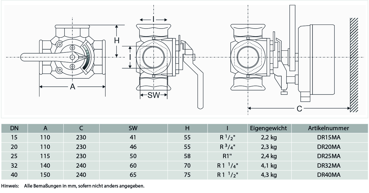 Honeywell Resideo CENTRA Dreiwege-Muffenmischer DR GG 20, grau, PN 6, abgewinkelt DN 20