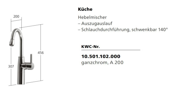 KWC SYSTEMA 10.501.102.000 Hebelmischer mit Auszugsauslauf AN A200 Chrom