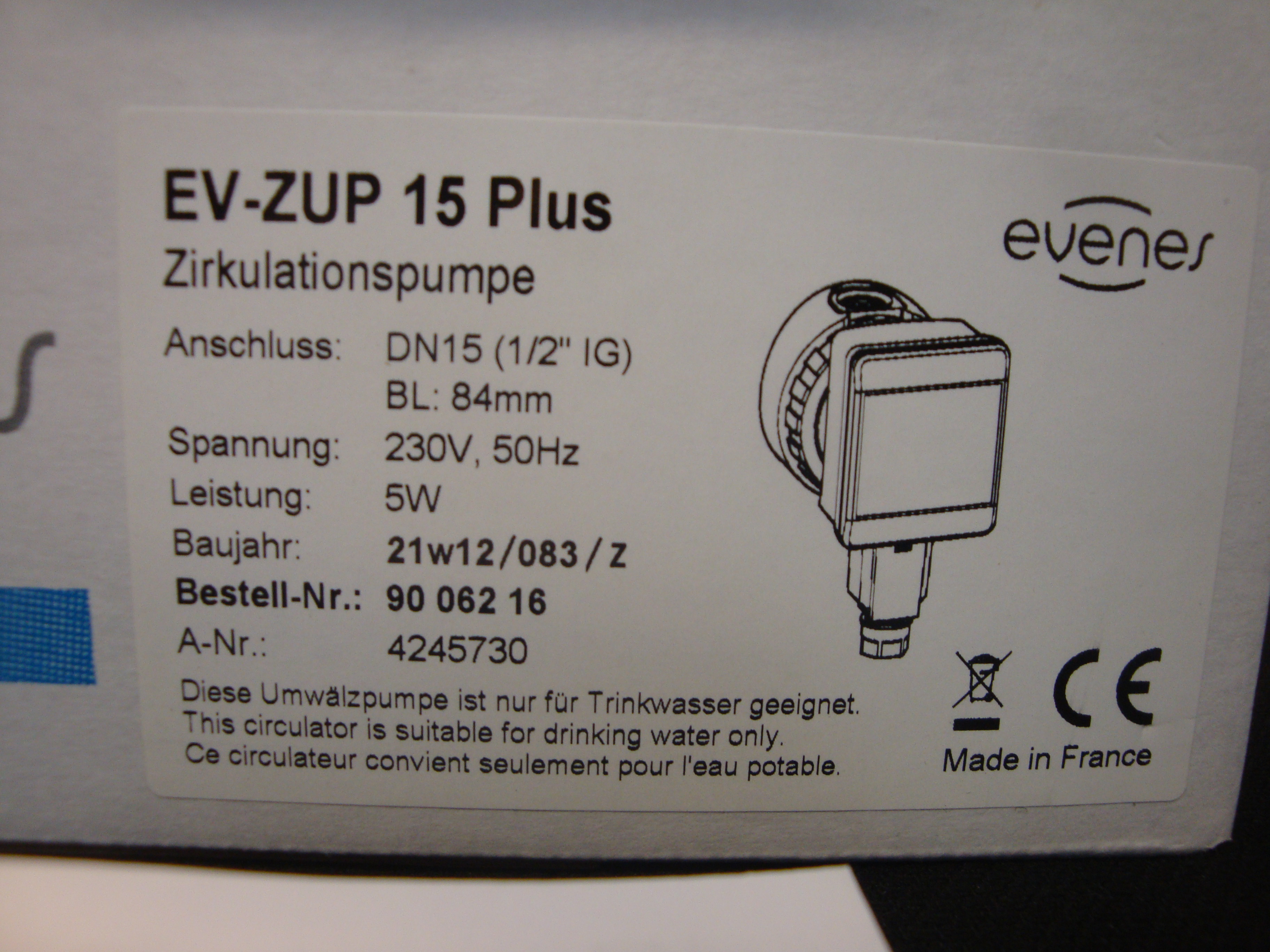 EV-ZUP 15 Evenes Trinkwasser-Zirkulationspumpe