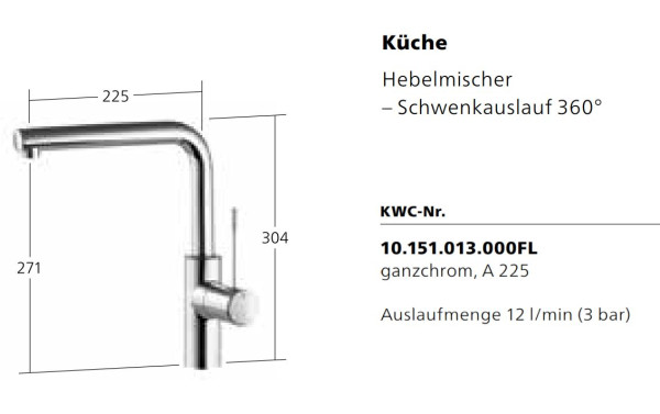 KWC ONO Küchenarmatur Hochdruck verchromt 10.151.013.000 Schwenkauslauf  A225, Küchen Armaturen