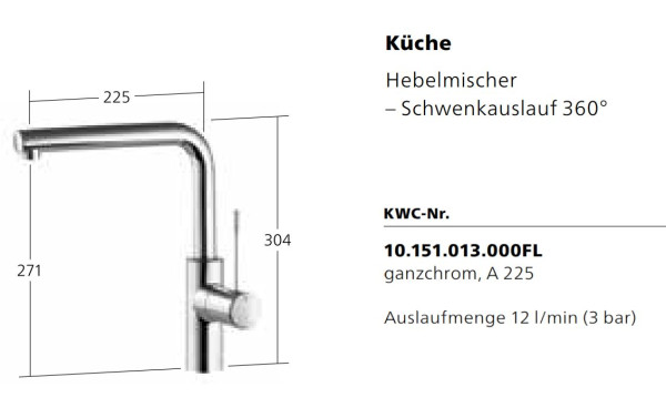 KWC ONO Küchenarmatur Hochdruck verchromt 10.151.013.000 Schwenkauslauf A225